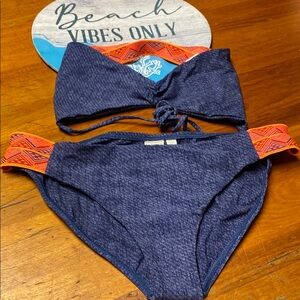 L*Space Blue Textured Bikini neon Orange Strappy and Blue Textured